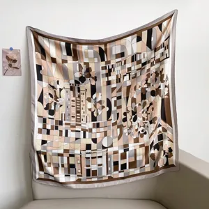French vintage style square scarf with abstract architectural print, elegant retro accessory.