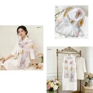 Women's lightweight floral chiffon scarf, 180x70cm long elegant sun protection wrap.