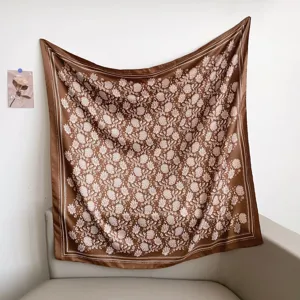 French vintage brown floral square scarf, elegant large shawl and decorative neck wrap.