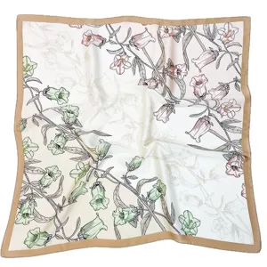 Women's satin silk square scarf featuring an elegant bellflower floral print design.