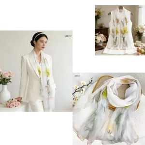 Floral print chiffon long scarf for women, elegant lightweight spring summer sun protection wrap.