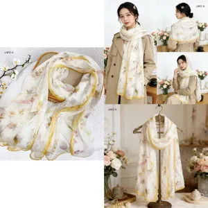 Elegant floral long scarf for women, lightweight chiffon cream neck wrap for spring.