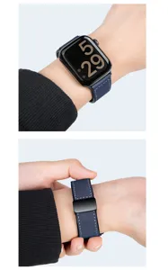 Blue leather magnetic folding clasp watch strap compatible with smartwatches, durable design.