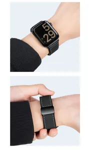 Replacement leather watch strap compatible with Apple Watch, featuring magnetic folding clasp.