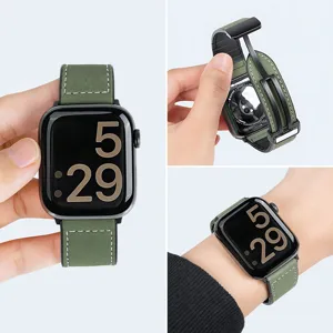 Silicone Crazy Horse Leather Magnetic Folding Clasp Replacement Strap For Apple Watch Smartwatch Accessories