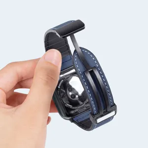 Blue leather watch strap with magnetic folding buckle compatible for smart watch main view