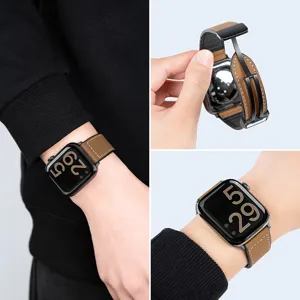 Replacement silicone leather strap with magnetic folding clasp for Apple Watch smartwatches.