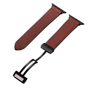 Premium brown leather magnetic folding clasp watch strap compatible with Apple Watch.