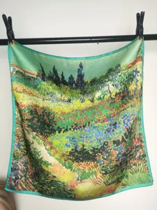 Detail view of the 53cm art oil painting floral path square silk scarf woman accessory.
