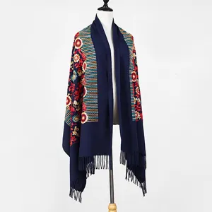 Detailed view of the ethnic style embroidered cashmere-feel shawl with colorful floral patterns.