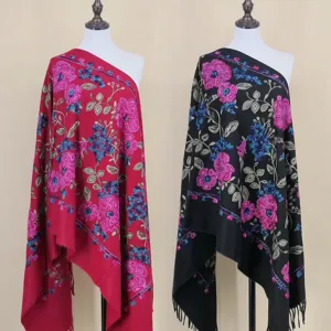 Floral embroidered cashmere feel shawl ethnic style winter warm cape scarf for women