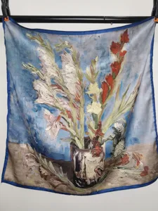 Vincent van Gogh style oil painting floral print square silk scarf 53cm elegant women