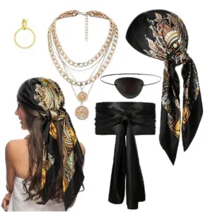 Ensemble de costume de pirate de la Renaissance médiévale avec foulard et chaînes d'or.