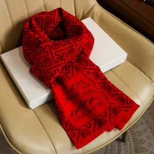 Red Chinese style horse year jacquard woven winter scarf with blessing character and gift box