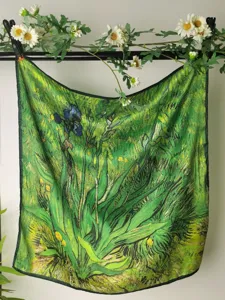 Women's green square silk scarf featuring classic Van Gogh oil painting floral art design.