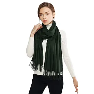 Detailed view of the soft dark green cashmere-feel scarf texture and elegant fringe design.