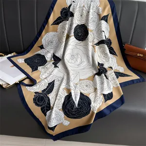Elegant 90cm imitation silk square scarf featuring classic floral print, stylish summer shawl.