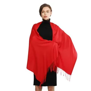 Detailed close-up view of a soft red fringed cashmere-like scarf, elegant winter accessory.