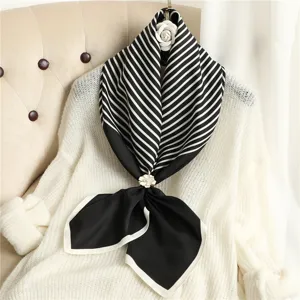 Black and white striped silk scarf elegant square scarf with camellia brooch chic