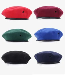 Multi-color wool beret hat with metal eyelet and leather brim, classic military style caps.