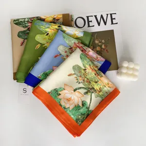 Silk-like floral print square scarf detail, 90cm elegant women scarf for daily styling.