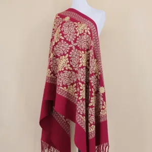 Detailed view of the elegant snowflake gold thread embroidered pattern shawl scarf.