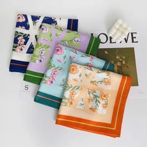 Elegant 90cm floral satin square scarf, stylish geometric print neck scarf for women.