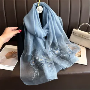 Light blue silk embroidered scarf, elegant spring and autumn decorative shawl for women.