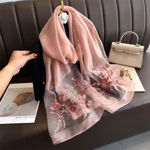 Elegant pink mulberry silk embroidered scarf shawl for women, luxurious floral design.