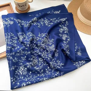 Dark blue twill imitation silk large square scarf with elegant white floral print for women.