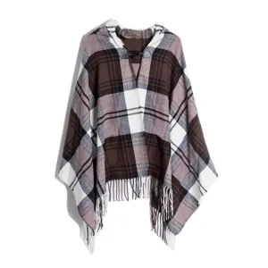 Damen Herbst Winter karierter Kapuzen Poncho Cape mit Knebelknöpfen und Fransen Saum Mantel.