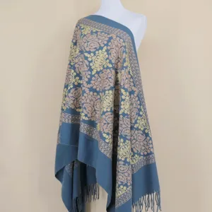 Blue paisley embroidered cashmere shawl detail, elegant warm winter scarf for women travel.