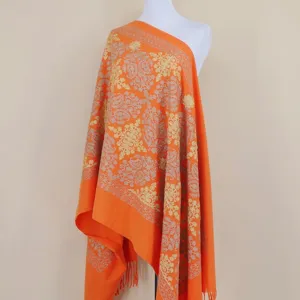 Orange cashmere shawl with gold embroidery, elegant floral pattern, warm winter scarf for women.