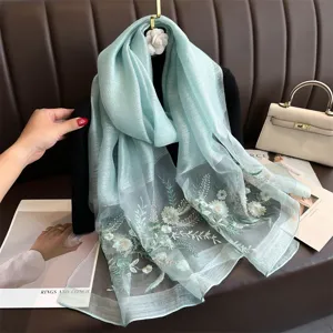 Women's Mulberry Silk Embroidered Scarf Elegant Long Floral Shawl Versatile Lightweight Neck Wrap Fashion Accessory