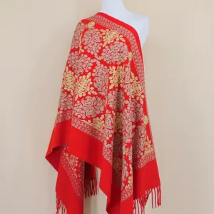 Red cashmere shawl with gold floral embroidery, warm winter scarf for travel and daily wear.