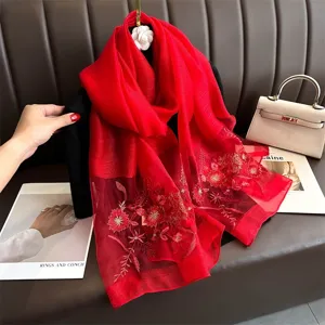 Elegant red silk embroidered scarf, mulberry silk floral shawl for women, stylish accessory.