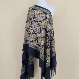 Navy blue gold embroidered floral cashmere shawl scarf for women winter warm wrap detail