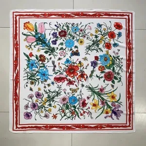 Elegant 90cm floral print silk feel square scarf luxury botanical shawl for women.