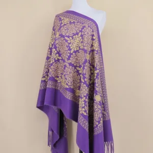 Purple cashmere shawl with gold floral embroidery, elegant winter warm tassel scarf for women.