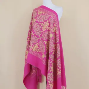 Elegant pink cashmere feel shawl scarf featuring intricate gold floral embroidery and tassels.