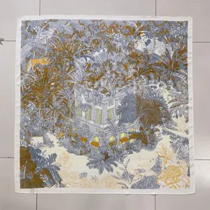 90cm twill square silk scarf women large shawl jungle architecture print elegant thin design