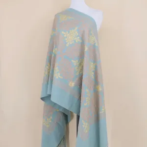 Elegant cashmere embroidered scarf shawl with gold thread floral design for women warm travel