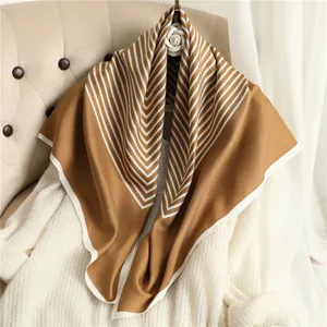 Elegant brown and white striped imitation silk square scarf detail, soft luxury summer shawl.