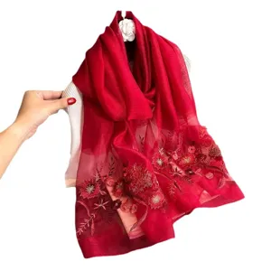 Red silk embroidered scarf for women, elegant floral design, lightweight spring shawl.