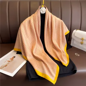 Elegant 90cm imitation silk square scarf with geometric print and vibrant yellow border.