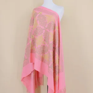Pink cashmere feel shawl detail, gold floral embroidery pattern and delicate tassels edge view.