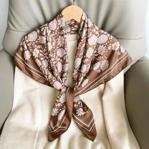 Elegant 90cm floral twill square scarf, luxurious imitation silk fashion shawl for women.
