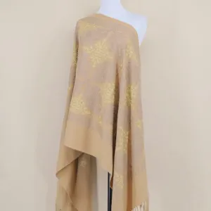 Exquisite gold embroidered cashmere shawl detail, elegant winter warm scarf design.
