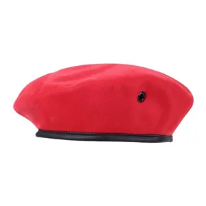 Red wool military beret hat with leather brim and side eyelet for festival performance.