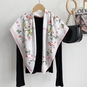 Women 90cm Twill Square Silk Scarf Elegant Floral Print Neck Scarf Soft Fashion Head Bandana